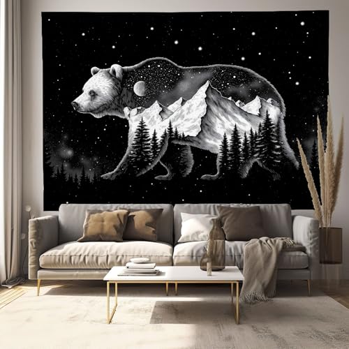 Tapisserie murale ours et montagnes JRISEMECY 230x180cm, tenture noire et blanche pour chambre