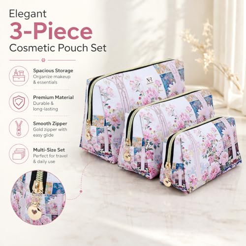 Image of NFI essentials Set of 3 Printed Cosmetic Pouch for Women, Stylish Pouches for Makeup Accessories Travel Pouch,Makeup Pouch,Vanity Case,Jewellery Pouch,Toiletry Make up Bag