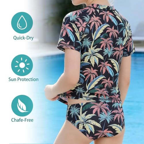 Image of Girls Two Piece Swimsuits Short Sleeve Rash Guard Swim Shirt Bikini Bottom Swim Set Bathing Swim Set Swimwear 3-16 Years