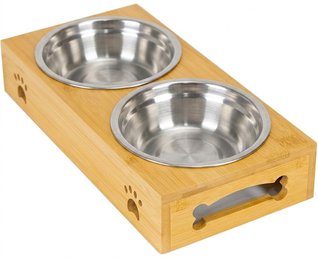 Edipets, Ceramic Dog Bowl, Stainless Steel Dog Bowl, Single, Double, Triple, Removable Bowls, Non Slip, Wooden Stand, for Food and Water (Stainless Steel, Triple)