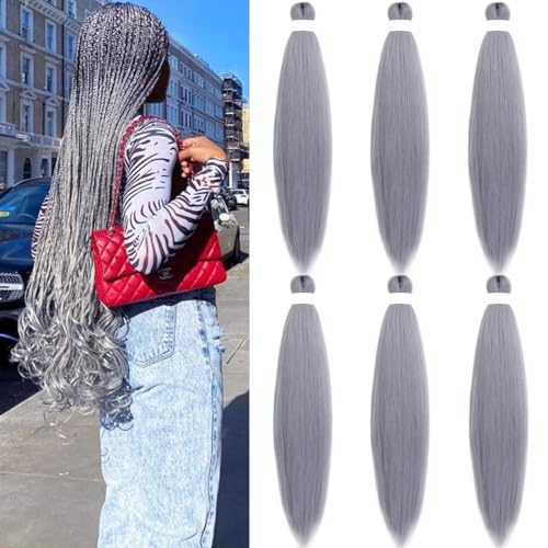 Gray Braiding Hair Pre Stretched Kanekalo Knotless Grey Prestretched Braiding Hair 30 inch Long Colored Hair Extensions for Braiding Pre Stretched Micro Braids Itch Free Yaki Braiding Hair