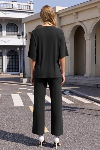 Image of difficort 2 Piece Lounge Sets for Women Summer Outfits Vacation Loungewear | Knit Raglan Short Sleeve Wide Leg pant with Pockets