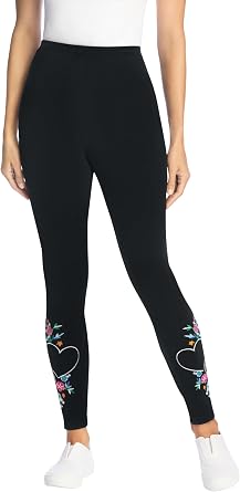 Woman Within Stretch-Cotton Knit Pull-On Embroidered Leggings