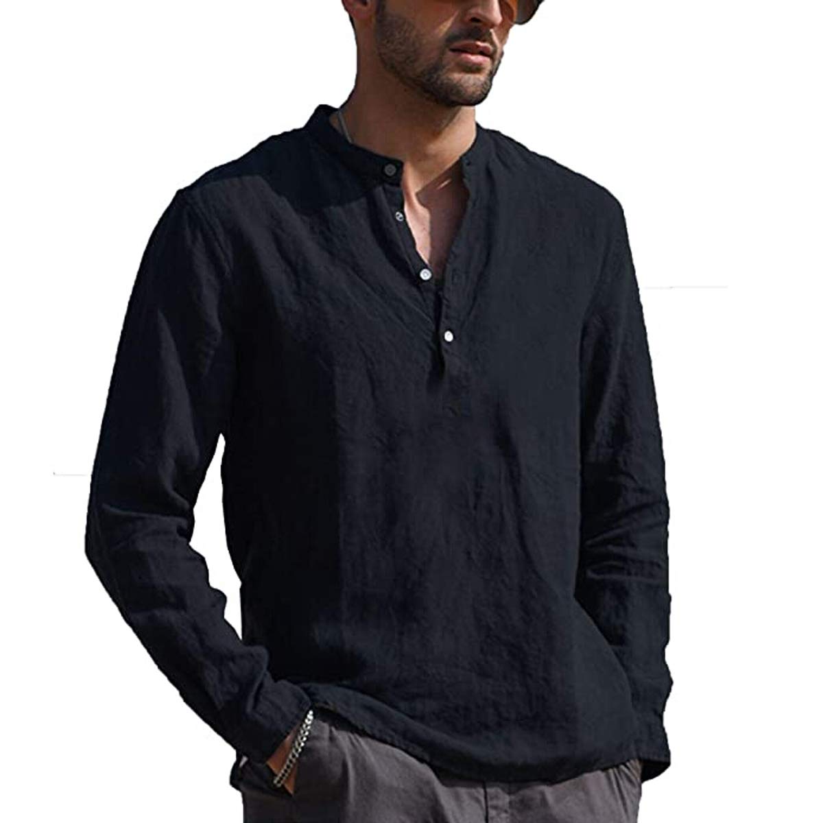 Loalirando Camisa Casual de Hombre Camiseta Informal de Manga Larga con Cuello en V de Botones Top Blusa Slim Fit Recta de Color Sólido para Hombre