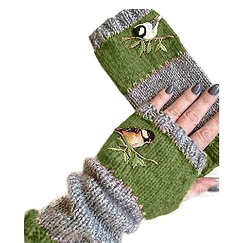 FOOMER Warm Patchwork Embroidered Fingerless Gloves with Vintage Knitted Design and Bird Embroidery (Green, Medium)