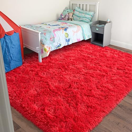 Rugs for Bedroom 4x6, Soft Shaggy Modern Shag Area Rug for Living Room, Upgrade Non-Slip Plush Fluffy Carpet for Kids Boys Girls Room Home Decor Aesthetic, Red