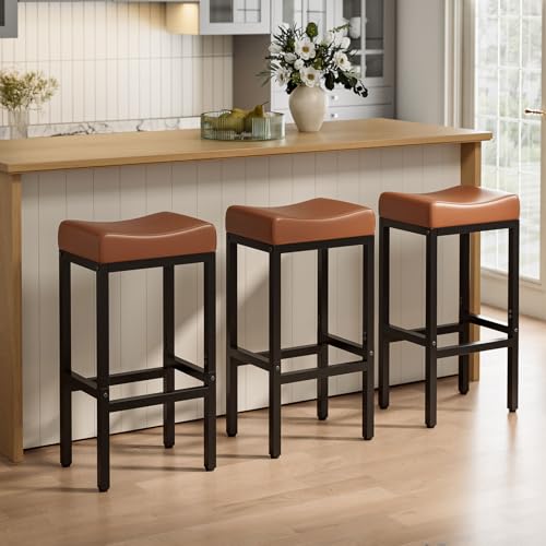Image of Bar Stools Set of 3-24 Inch Counter Height Chairs for Kitchen Island, Leather Seat with 400 LBS Heavy-Duty Metal Frame and Adjustable Feet, Easy to Assemble for Bar, Cafe or Dining Room,Brown