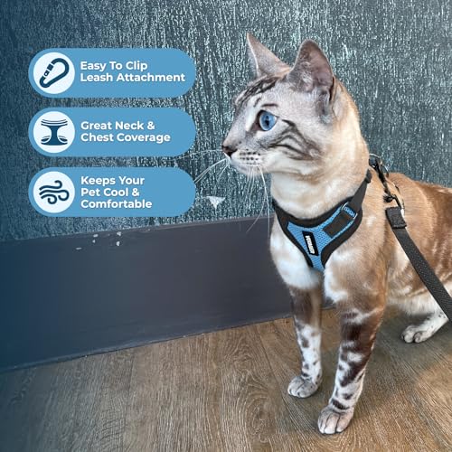 Image of Voyager Escape-Proof Step-in Lock Cat Harness & 5ft Neoprene-Handle Leash Set All-Weather Mesh with Reflective Stitching for Small to Large Cats by Best Pet Supplies, Baby Blue /Black Trim, XXS