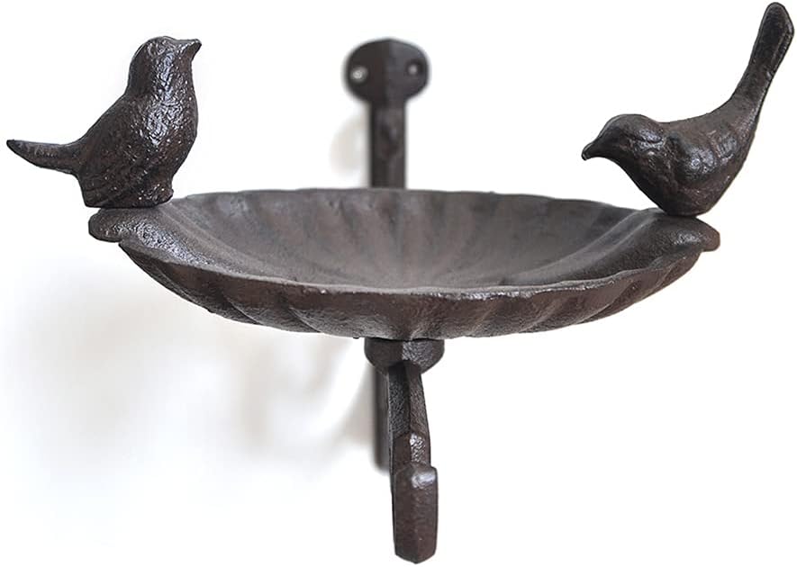 Bird Bath Cast Iron Bird Feeder with 2 Birds Decoration Wild Birds Water Bowl Wall Mount with Hook Basin Metal
