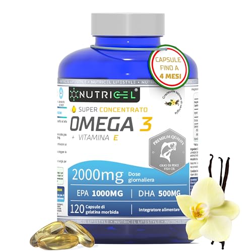 Omega 3 2000mg ad Alta Concentrazione - Integratore con EPA 1000mg e DHA 500mg - Olio di Pesce Puro Non-OGM con Sapore Vaniglia - Per Memoria, Energia e Benessere - 120 Capsule di Qualità Premium