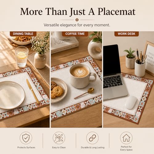 Image of Premium Leather Dining (Pack of 4) Placemats - Waterproof, Heat Resistant, Non-Slip Table Mats for Kitchen & Dining (Brown Portico Tile)