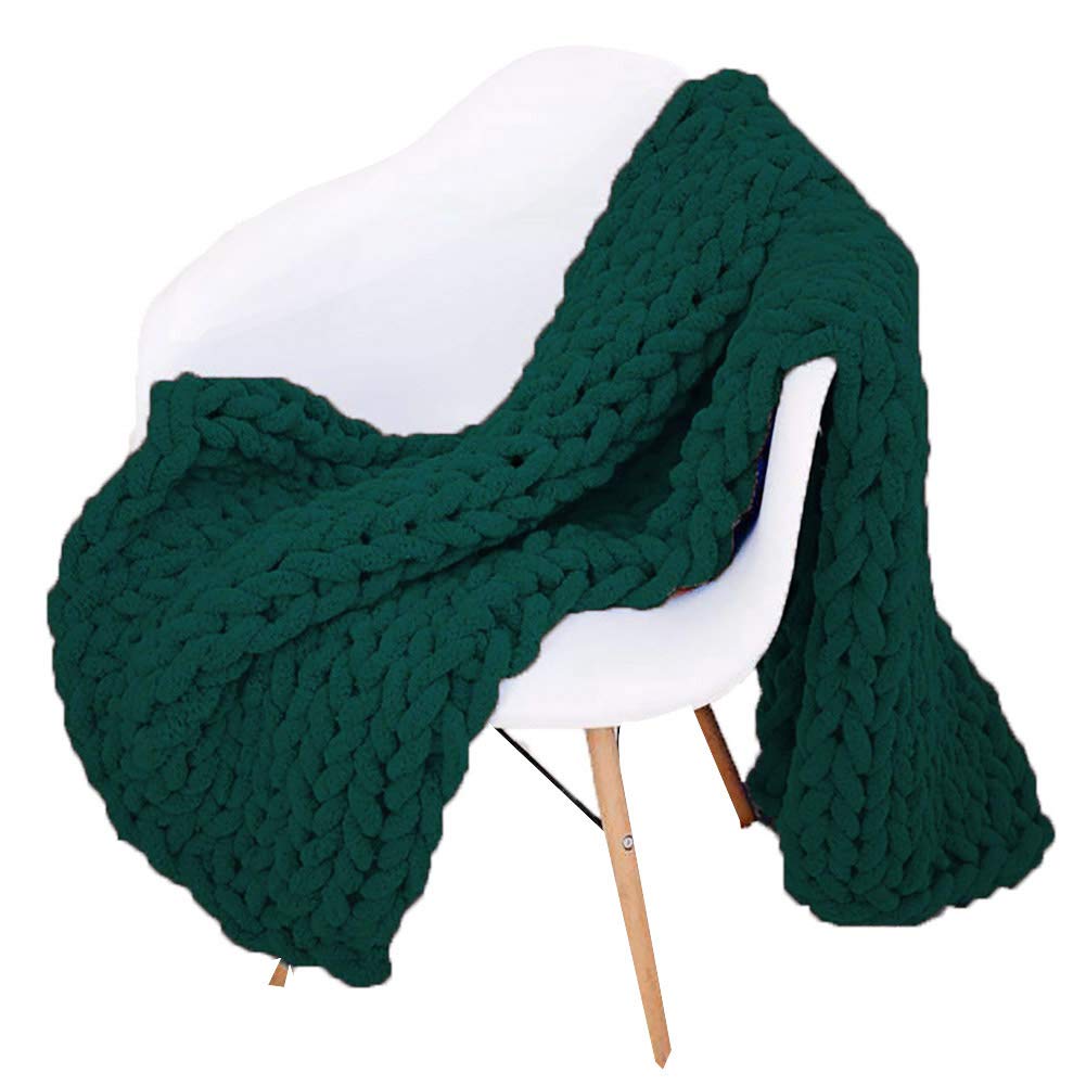 Elero Chunky Knit Throw Blanket Chenille Yarn Soft Cozy Bulky Knitted Blanket for Sofa Bed Chair Large Hand Made Boho Home Decor Emerld Green 40x48