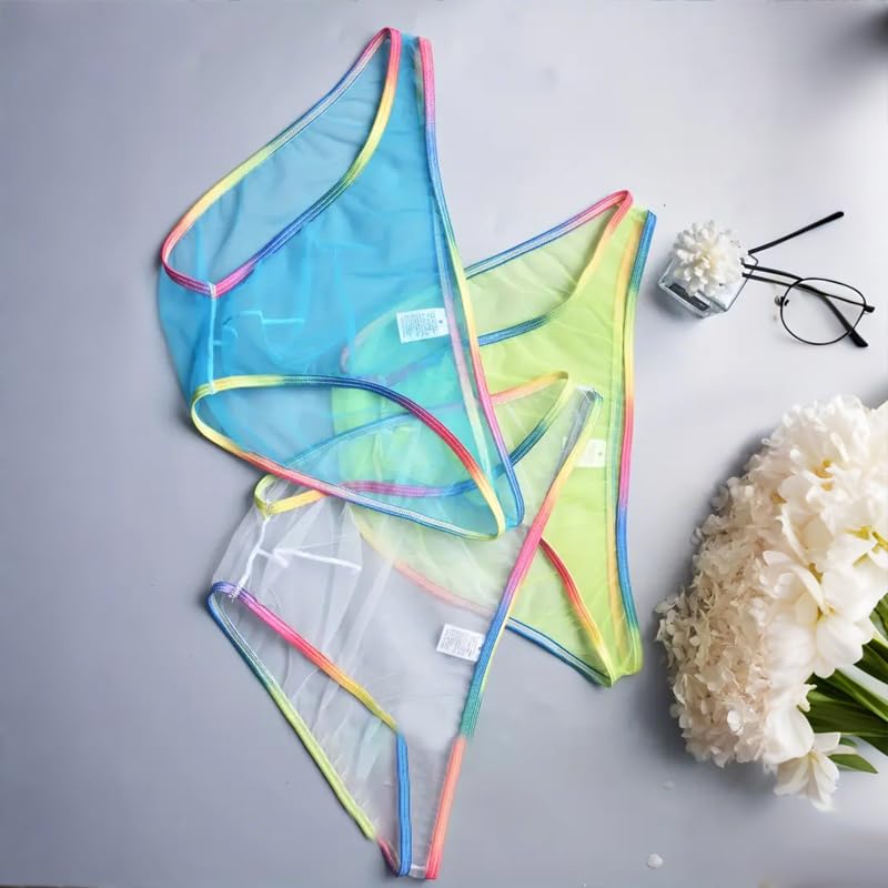 3Pcs Men's Underwear Ultra Thin Transparent Rainbow Mesh Panties Colorful Borders Briefs, for Casual Attire
