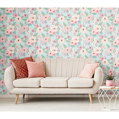 RoomMates RMK11626RL 45.72 cm x 5.74 m Vinyl Poppy Floral, Green and Pink, Vert Et Rose, 45 x 574 cm - Image 2