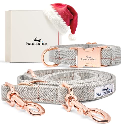 FREUDENTIER Hundehalsband und Hundeleine 2m im eleganten Set - Hundeleine verstellbar - Inkl. Geschenkbox - Für kleine, mittelgroße & große Hunde - Classic Kollektion, Das Original (37-58cm)