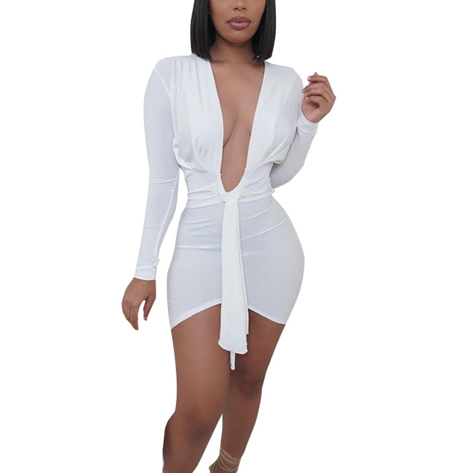 WEITING Fashion Women's Sexy Ruched Bodycon Mini Dress Lady Long Sleeve  Deep V-Neck Solid Skinny Mini Dress Club Evening Dress Party Dress - White,  M : Amazon.de: Fashion