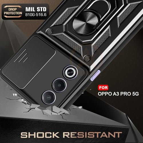Image of Armor Bumper Back Cover Case for Oppo A3 Pro 5G Rotating Camera Cover, Ring Holder & Kickstand | Heavy Duty & 360 Degree Protection Oppo A3 Pro 5G Back Cover (Black).