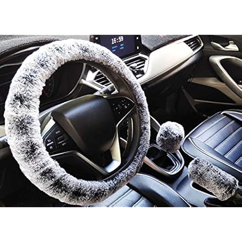 ixiton 3Pcs/Set Fashion Faux Wool Fur Furry Steering Wheel Cover,Short Hair Soft Fluffy Handbrake Cover,Gear Shift Cover,Universal Thickening Fuzzy Warm Non-Slip Auto Interior (Manual,Black Grey) Cover