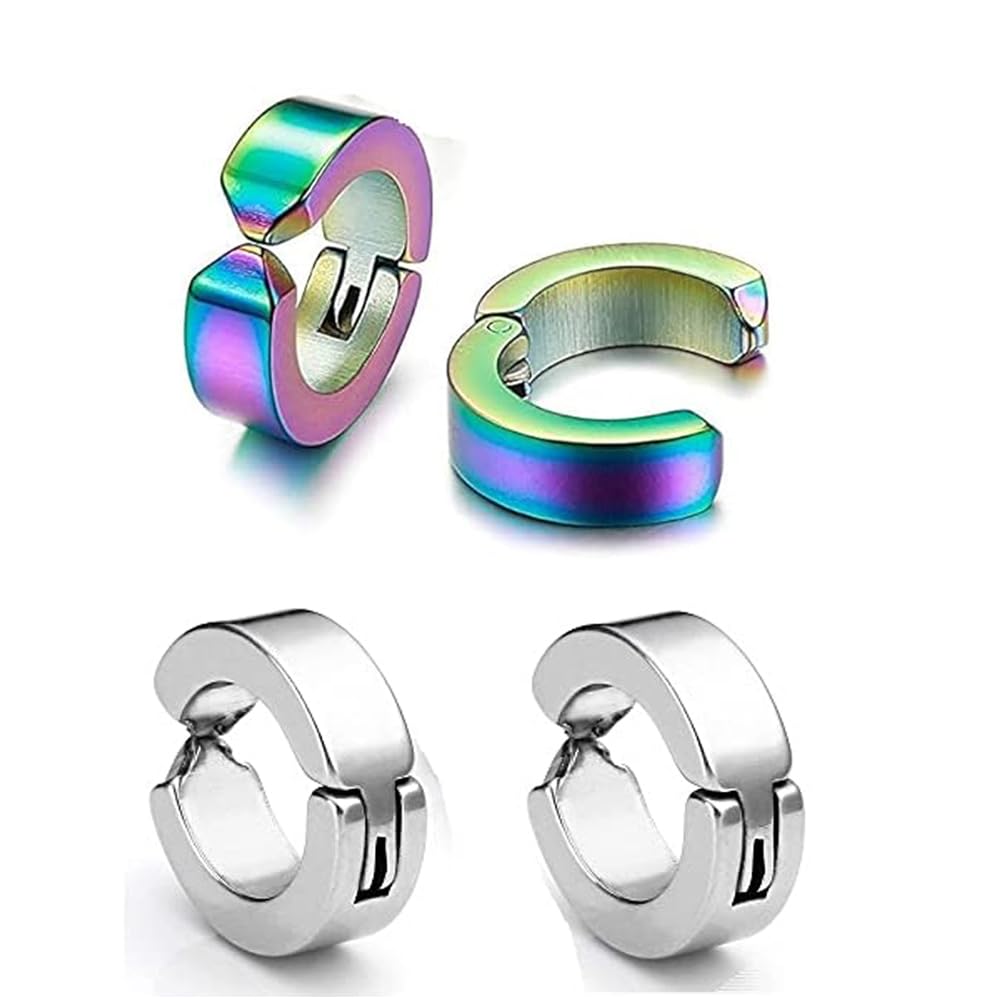 Trendy Multi And Silver Round Shaped Press Non-Piercing Style Clip On Metal Barbell Earring Hoop Bali Stud For Men And Women. (2 Pairs)-image-28
