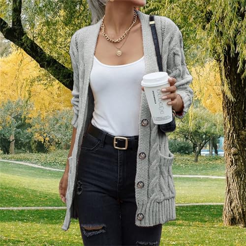 Open Front Cardigan Sweaters for Women Fall Long Sleeve Button Down Cable Knit Chunky Sweater Outwear Coats4