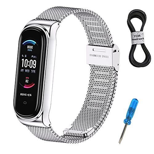 BDIG Correa Compatible para Amazfit Band 5 Metal Correas, Pulsera de Repuesto de Acero Inoxidable Hebilla Ajustable Correa para Amazfit Band 5 (No Host)
