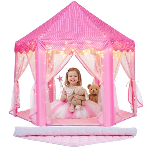 Monobeach Princess Tent for Kids: with Flannel Hexagon Floor Mat & Star Lights Girls Large Playhouse Castle Play Tent Toy for Children Indoor and Outdoor Games 55 x 53