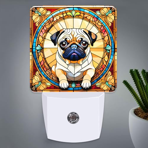 PODMemory Pug Stained Glass Night Lights Plug into Wall for Room, Pug Night Light LED for Bedroom