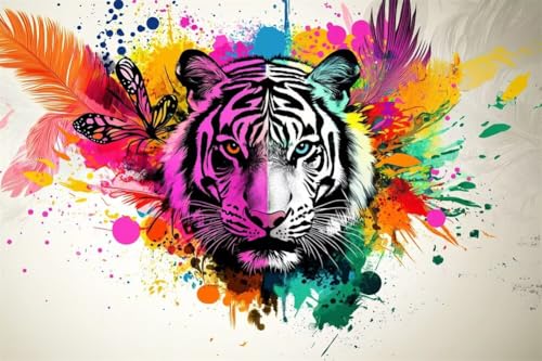 Adultos y Principiantes Diamond Painting Taladro Completo 5D DIY Arts Kits Color Tigre Blanco Imagen Bordado Diamante Pintura Pintura Para Decoración Pared Hogar Taladro Redondo 50x75cm C0563