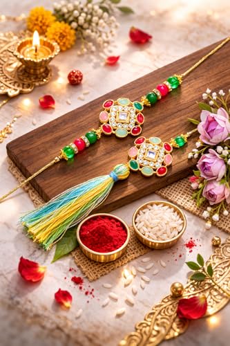 Image of Jaipur Ace Rakhi Gift Hamper for Bhaiya Bhabhi with Silver Plated Bowl Set, Pooja Thali, 2 Designer Rakhis, Roli Chawal, Raksha Bandhan Gift Set for Brother Bhabhi, Premium Rakhi Combo with Red Velvet Box