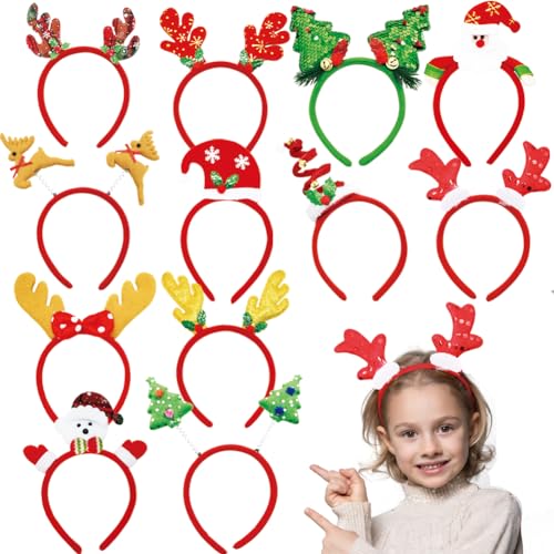 12Pcs Christmas Headbands, Sequin Reindeer Antler Xmas Tree Snowman Santa Hat Glitter Hair Hoop Head Boppers Headwear Head Bands for Children Women Men Christmas Party Favors Photo Props Decoration