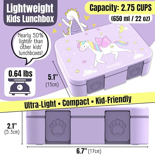 Image of BEARFOOT Kids Lunch Box with Compartments - Compact & Lightweight | Leak-Proof, BPA-Free, Dishwasher Safe | Hand-Drawn Design for Preschool, School, Travel (Unicorn Purple, 2.75 Cups)