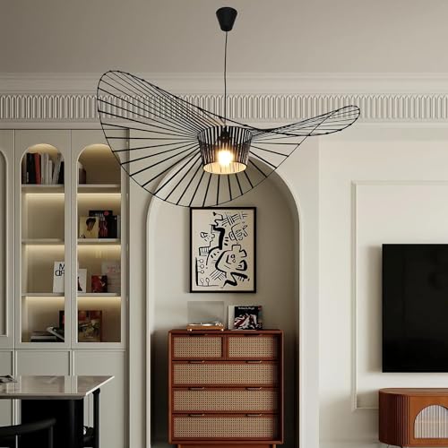 AIBAB Retro Lampada A Sospensione Vertigo Lampadario,fibra Di Vetro + Cappello Di Stoffa In Fibra Design Moderno Salotto Cucina Bagno Illuminazione Decorativa, E27 Black 100cm