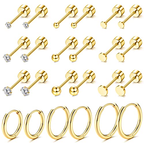 Loyallook Gold Plated Tiny Stud & Huggie Hoop Earrings - Stainless Steel, CZ Ball Flat Back - Multiple Piercings: Tragus & Cartilage