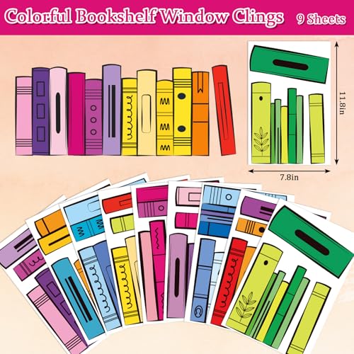 Image of Whaline 9 Sheets Back to School Window Clings Colorful Bookshelf Window Decal Rainbow Color Books Reusable Anti-Collision Glass Sticker for First Day of School Classroom Decor