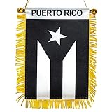 Anley 4 X 6 Inch Puerto Rico Fringy Window Hanging Flag - Mini Flag Banner & Car Rearview Mirror Décor - Fringed Puerto Rican Hanging Flag with Suction Cup (Black)