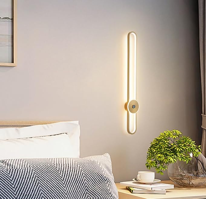 Image of Modern 600mm All-Copper LED Tube Wall Light Elegant Long Wall Fixture for Bedroom & Living Room-Warm White, Natural White, Cool White (Gold with Center-Lens Base)