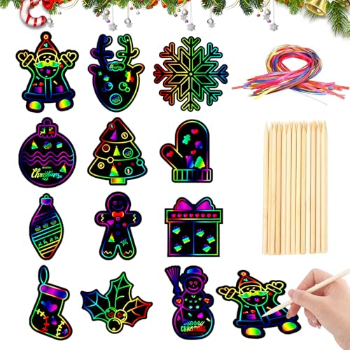 36 Pezzi Natalizie Scratch Art, Natale Fogli di Disegni Scratch, Scratch Art Natale Fogli, con 36 Corde Colorate e 18 Penna in Legno, per Regalini Natale, Decorazione di Natale (B)