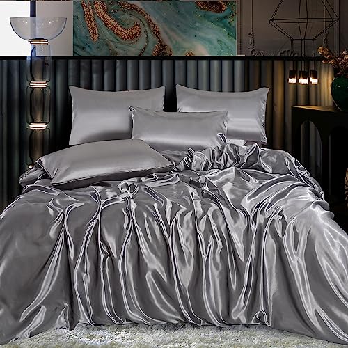 ROOEE Parure de lit en satin de soie, 6 pièces, drap de lit, housse de couette, 4 taies d'oreiller. Couleur - Argent Taille King