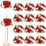 Hotop 12 Pcs Flower Balls Wedding Rose Centerpieces Silk Flower Kissing Balls Arrangement Artificial Hydrangea Flower Bouquet Faux Rose Floral Decoration (Red,White)