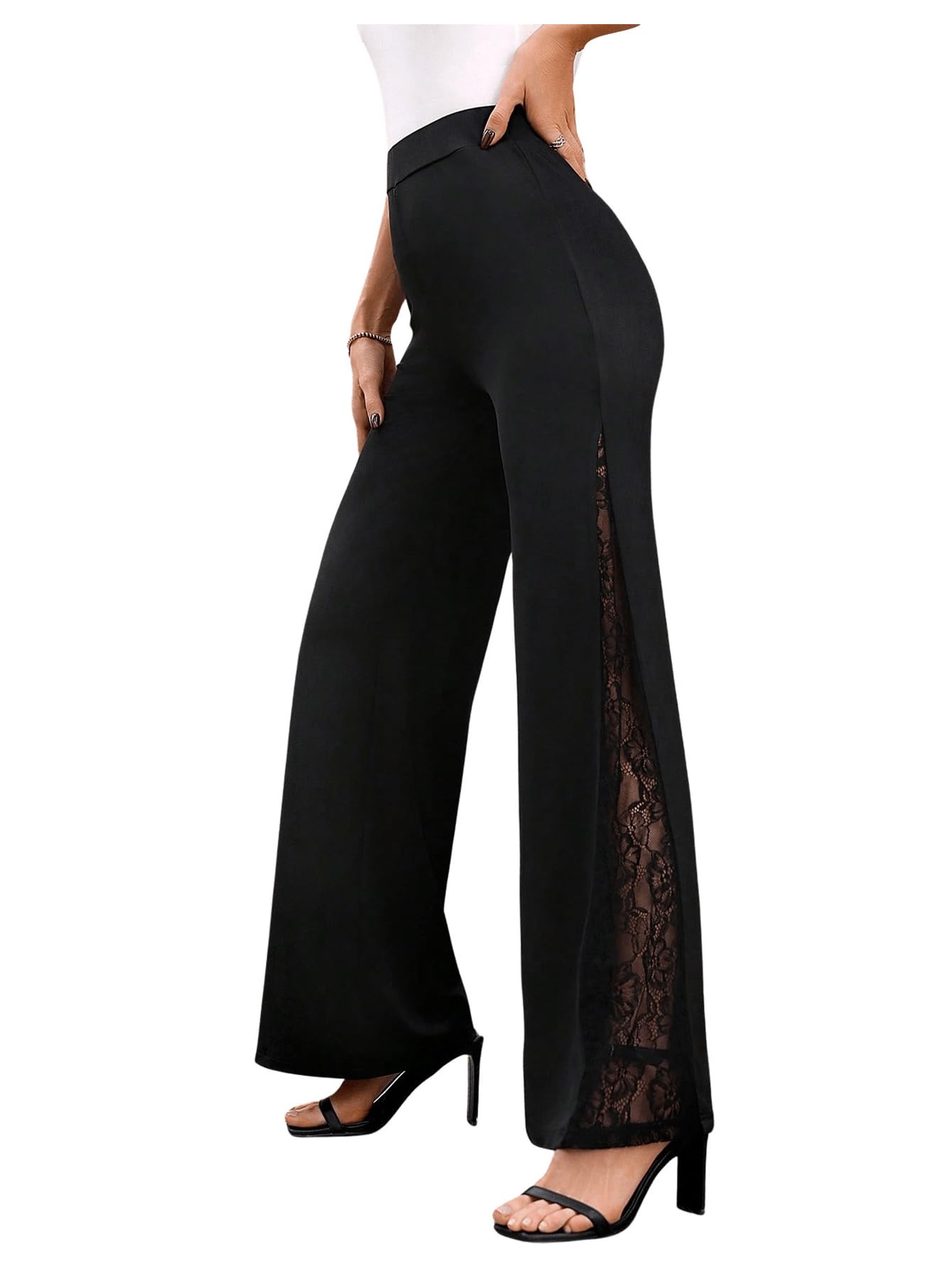 GORGLITTER Womens Lace Bell Pants Bottom Flare Flared Leg Elastic High Waist Casual Office Trousers