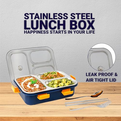 Image of Storescent Lunch Box with Compartment, Leak-Proof BPA Free Stainless Steel for School, Lunch Box for School & Office with a Fork, a Spoon and a Pair of Chopsticks (Blue, 3 Compartment)