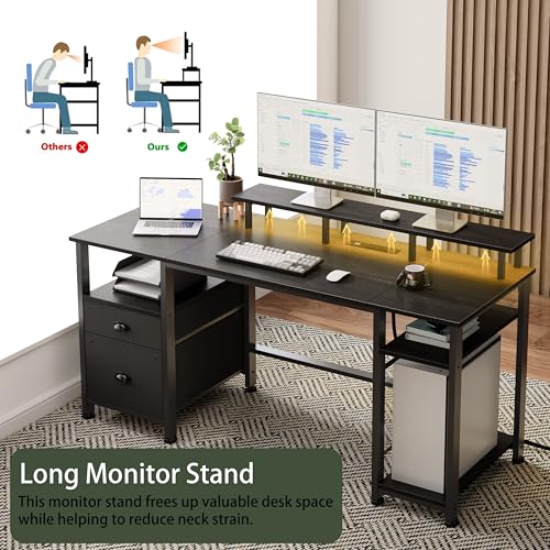 Image of Furologee 61 inch Gaming Desk with Power Outlets & LED Lights, Reversible Computer Desk with File Cabinet & Monitor Stand for Home Office, Large Work Table with Storage Shelves & Drawer, Black