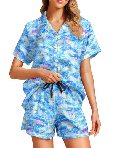 Image of Women's Pajama Sets Funny Pajamas for Women Set Comfortable 2 Piece Button Down Tops & Shorts Sleepwear Short Sleeve
