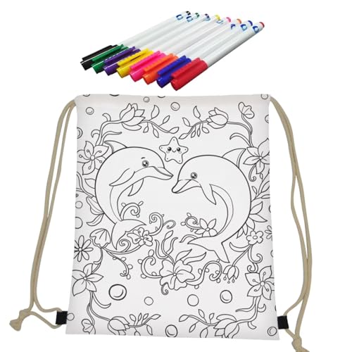 Personalized Doodle Drawstring Bags for Kids Ages 6-8 8-12 Dolphin Color in Drawstring Backpack Crafts for School Supplies2