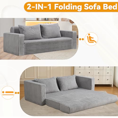 Image of HABUTWAY Folding Sofa Bed, 2 in 1 Convertible Sleeper Chair with 2 Pillows, Portable Fold Out Chair Bed with Armrest, Comfy Floor Couch, Lazy Sofa for Living Room Bedroom Dorm Home Office, Light Grey