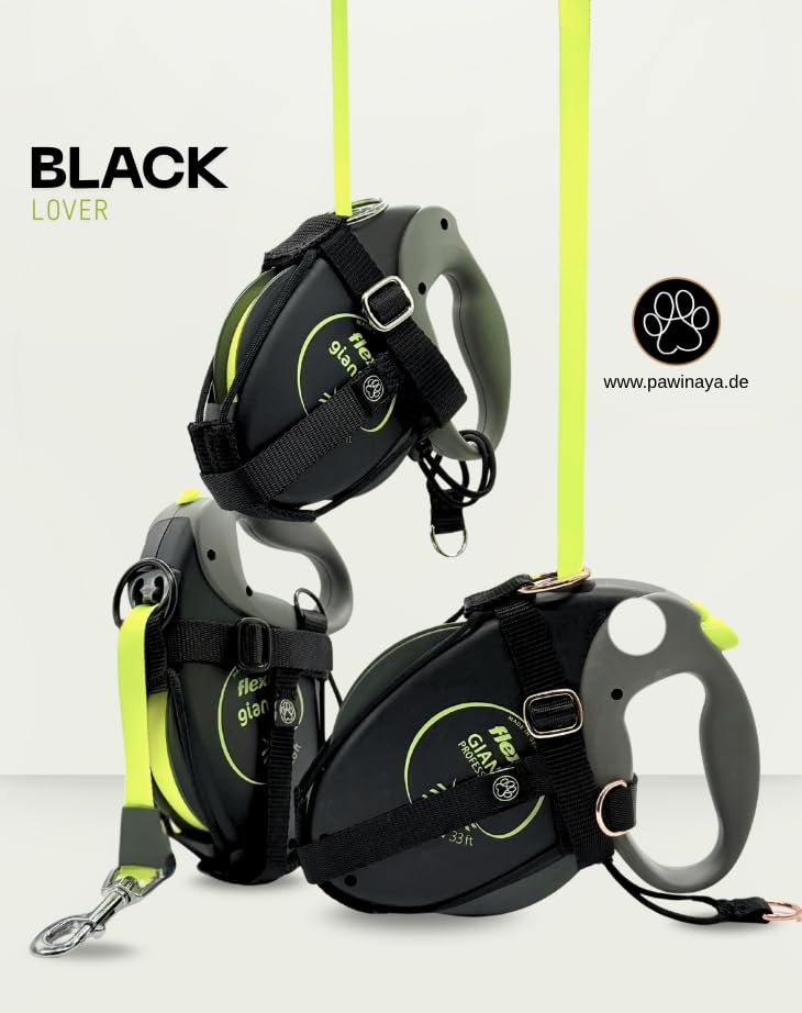 pawINAYA® Halfter für Flexi & Co. | Flexi Giant + ONE | inkl. Umhängegurt für gängige Modelle ohne Flexi - SCHWARZ - SILBER