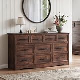 Walnut Dresser for Bedroom, 10 Drawer Dresser, 59" Wide Chest of Drawers w/Brushed Metal Handle, Wood Dressers TV Stand, Closet Organizers and Storage Cabinet for Bedroom, Living Room, Hallway