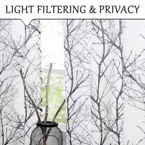 Image of FMFUNCTEX Sheer Sidelight Front Door Curtains 40 Inches Long White Black Branch Tree Half Print Curtain for Patio Doors with Matching Tiebacks 24 Inches Wide 2 Panels Set