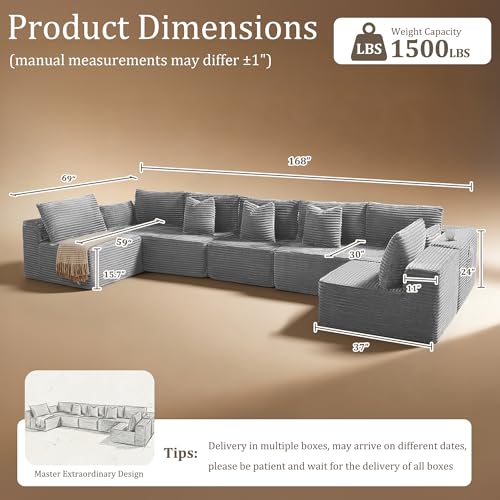 Image of 168 inch Cloud Sectional Couch, Comfort U Shaped Sofa for Living Room, Extra Deep Seats No Assembly, Minimalist Modular Couch, Corduroy (Light Grey, 7 Seats,U-Shape B)