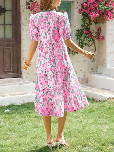 Image of Wenrine Womens Summer Midi Dress Casual Floral Puff Short Sleeve V Neck Swing Flowy Boho Beach Dresses with Pockets